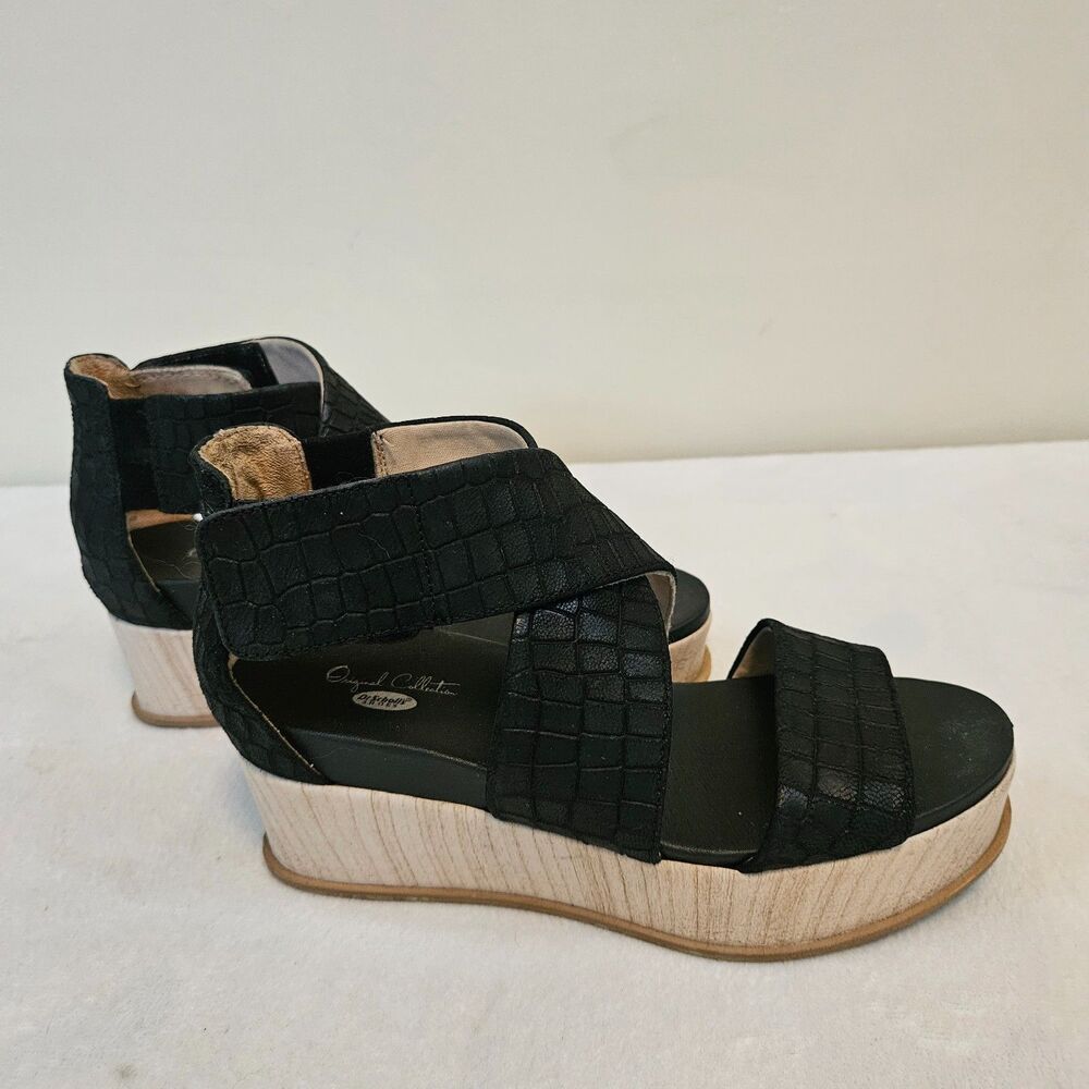 Dr Scholls Buena Platform Cross Sandals Women Sz 6M Black Croc-Embossed Strap